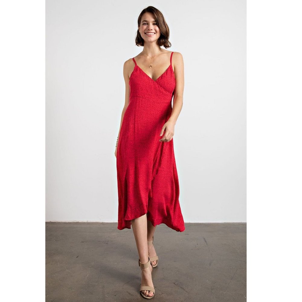 Spaghetti Strap Wrap Dress Adjustable Strap Ruffle Hem Maxi - Raspberry Red - Picture 6 of 11